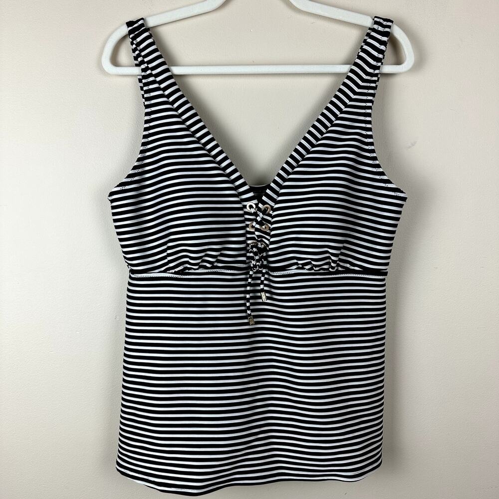 Lands' End Tankini Swim Top Womens 18 Black White Stripe Lace Up Front Swimsuit
